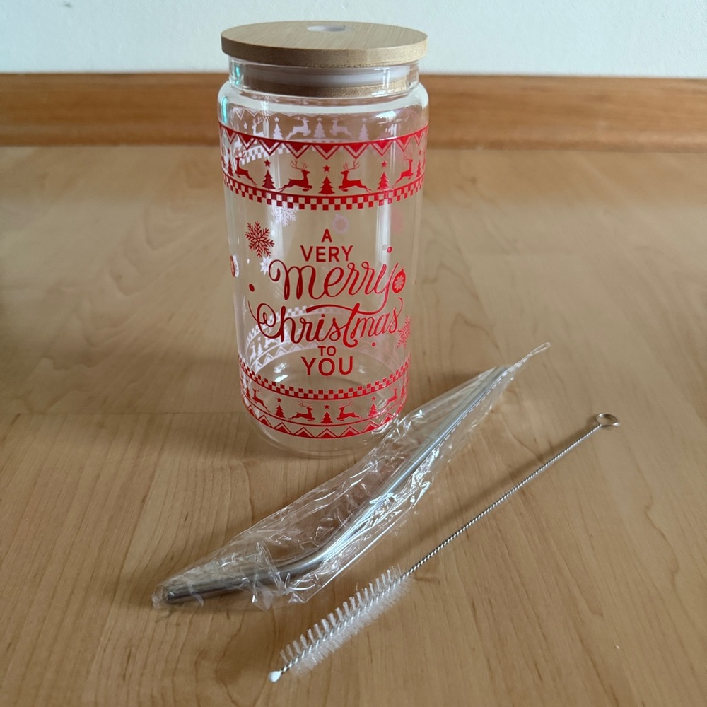 NEW in Box Gift “A Very Merry Christmas to You” Glass Tumbler with Metal Straw